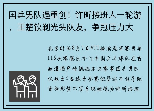 国乒男队遇重创！许昕接班人一轮游，王楚钦剃光头队友，争冠压力大