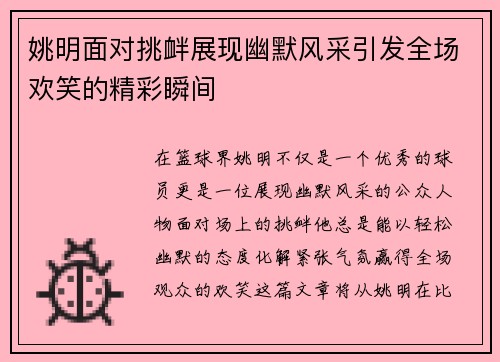 姚明面对挑衅展现幽默风采引发全场欢笑的精彩瞬间